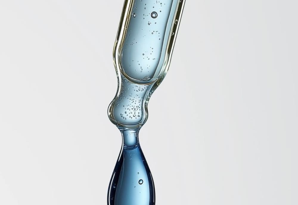 Gota do sérum azul translúcido no conta-gotas
